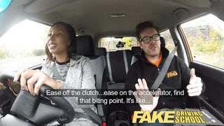 Fake Driving School nervous ebony teen filled up by her teacher in the car