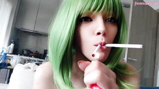 Cute Green Hair Egirl smokin' two cigarettes at the same time (ask me for full vid)