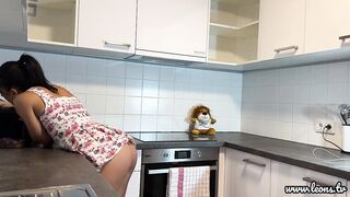 Sexy Brunette hair Bored Wife in a Mini Modified Sun Costume to Flash her Taut Hairless Vagina in the Kitchen